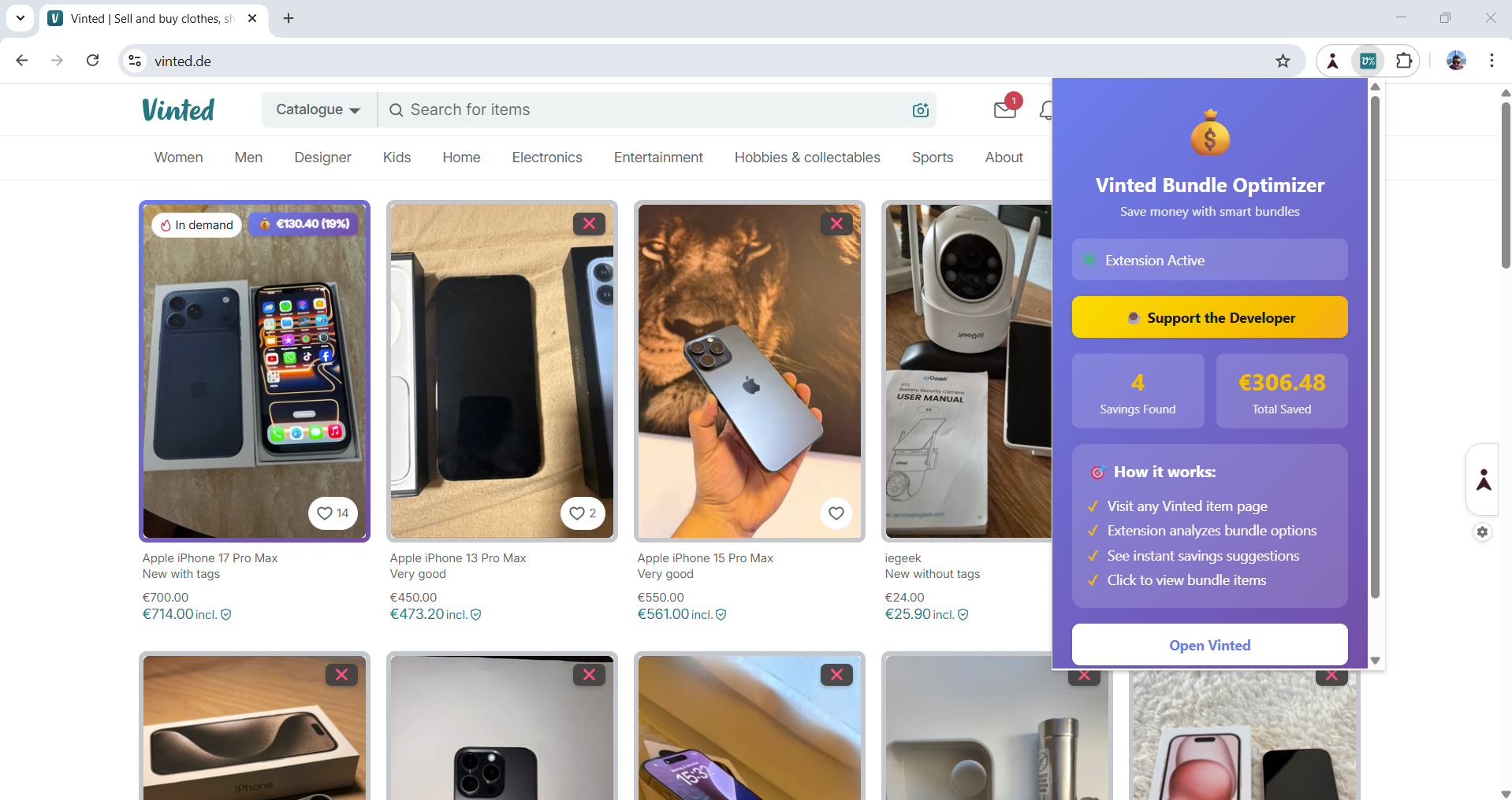 Vinted Bundle Optimizer screenshot demonstrating bundle optimization